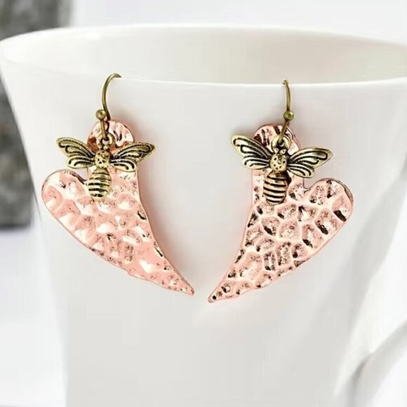 Boho Layered Heart and Bee Earrings - Multicolor Metal Hammered Copper #1110 - Picture 3 of 7